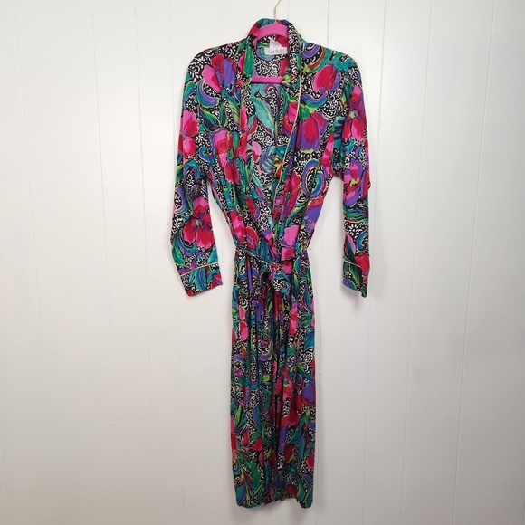 Vintage 80s 90s Red Pink Funky Midi Robe Lingerie Boudoir Pin-Up Size Small - Picture 8 of 8